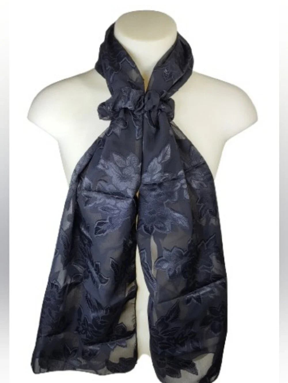 E. Amster Satin Elegant Black Floral Sheer Scarf With Scrunchy